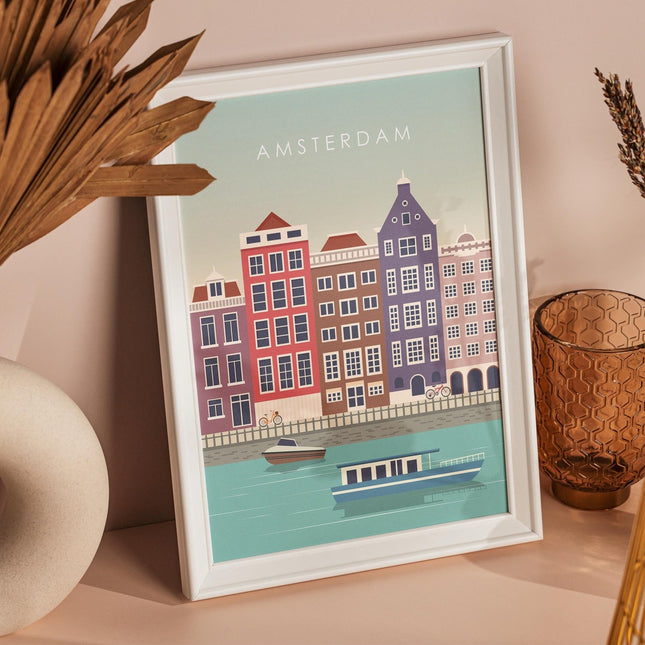 Amsterdam Travel Poster Print, Vintage Framed or Unframed Wall Art, Retro Large Home Decor Prints - Black Oak Farm