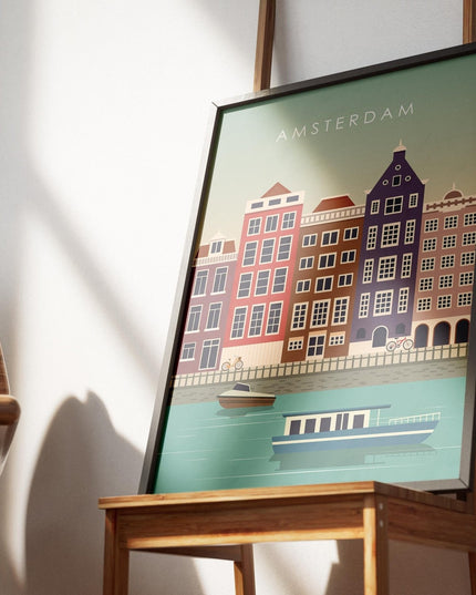 Amsterdam Travel Poster Print, Vintage Framed or Unframed Wall Art, Retro Large Home Decor Prints - Black Oak Farm