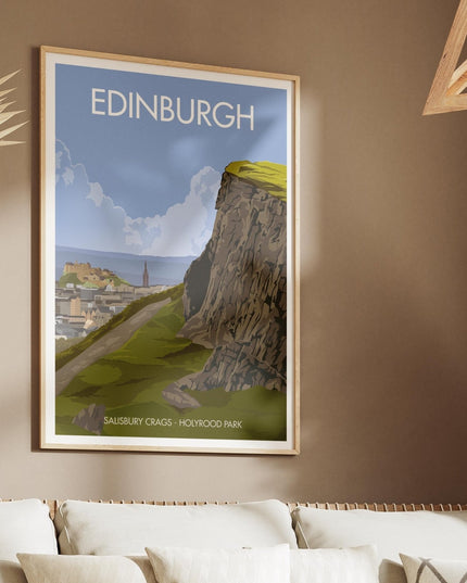 Edinburgh Salisbury Crags Travel Poster Print, Vintage Framed or Unframed Wall Art, Retro Large Home Decor Prints - Black Oak Farm