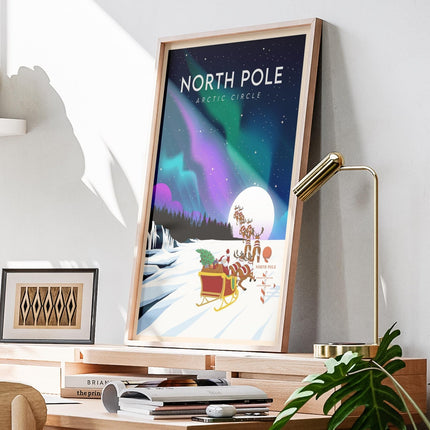 North Pole Travel Poster Print, Vintage Framed or Unframed Wall Art, Retro Large Home Decor Prints - Black Oak Farm