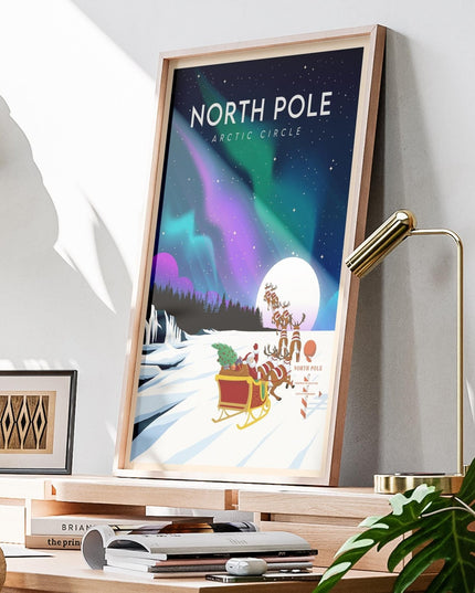 North Pole Travel Poster Print, Vintage Framed or Unframed Wall Art, Retro Large Home Decor Prints - Black Oak Farm