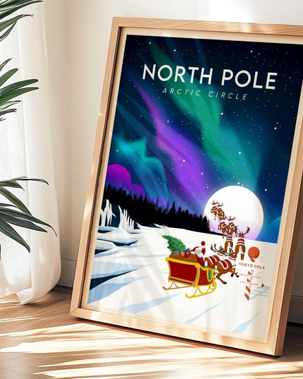 North Pole Travel Poster Print, Vintage Framed or Unframed Wall Art, Retro Large Home Decor Prints - Black Oak Farm