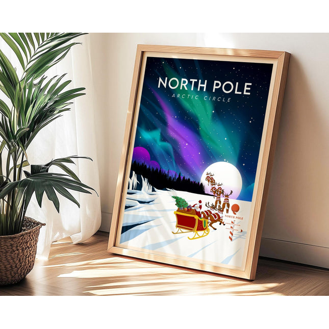 North Pole Travel Poster Print, Vintage Framed or Unframed Wall Art, Retro Large Home Decor Prints - Black Oak Farm