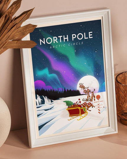 North Pole Travel Poster Print, Vintage Framed or Unframed Wall Art, Retro Large Home Decor Prints - Black Oak Farm