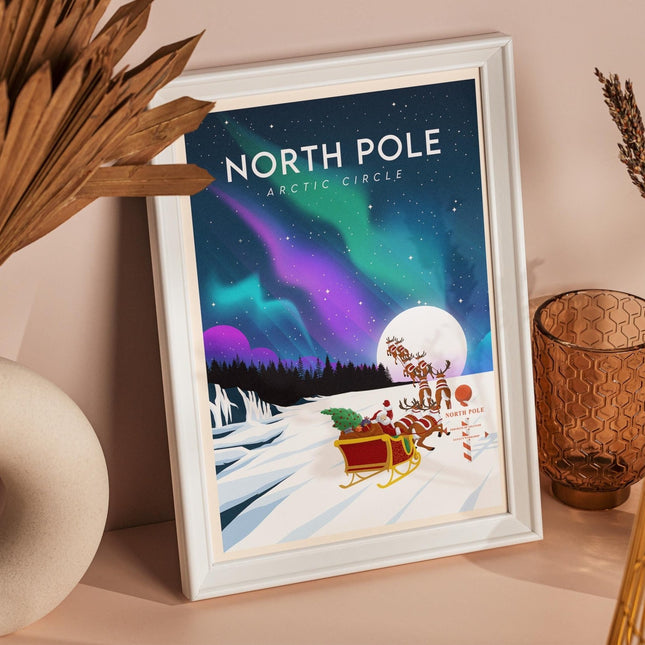 North Pole Travel Poster Print, Vintage Framed or Unframed Wall Art, Retro Large Home Decor Prints - Black Oak Farm