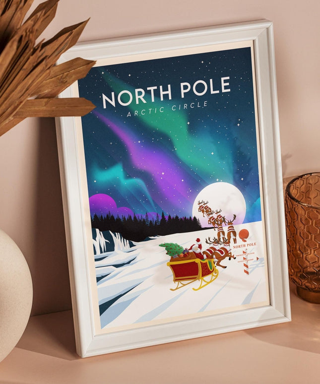 North Pole Travel Poster Print, Vintage Framed or Unframed Wall Art, Retro Large Home Decor Prints - Black Oak Farm