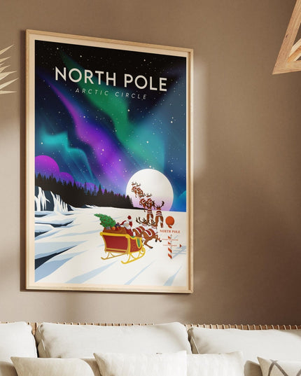 North Pole Travel Poster Print, Vintage Framed or Unframed Wall Art, Retro Large Home Decor Prints - Black Oak Farm