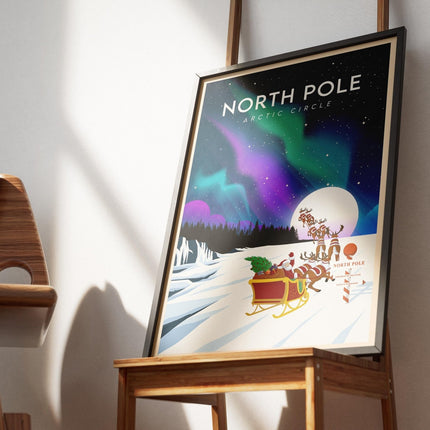 North Pole Travel Poster Print, Vintage Framed or Unframed Wall Art, Retro Large Home Decor Prints - Black Oak Farm