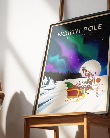 North Pole Travel Poster Print, Vintage Framed or Unframed Wall Art, Retro Large Home Decor Prints - Black Oak Farm