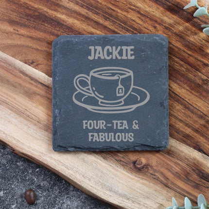 Personalised 40th Birthday Slate Coaster - ‘Four - Tea & Fabulous’ Gift - Black Oak Farm