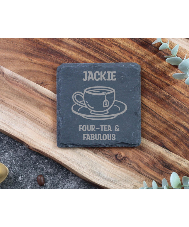 Personalised 40th Birthday Slate Coaster - ‘Four - Tea & Fabulous’ Gift - Black Oak Farm