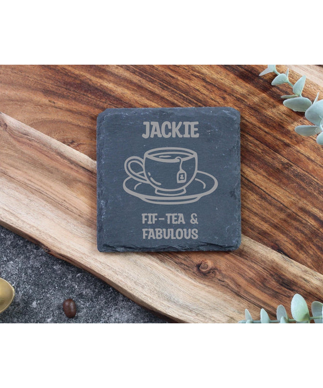 Personalised 50th Birthday Slate Coaster, Custom Engraved Fif - Tea Gift, Milestone Birthday Coaster for Mum, Best Friend - Black Oak Farm