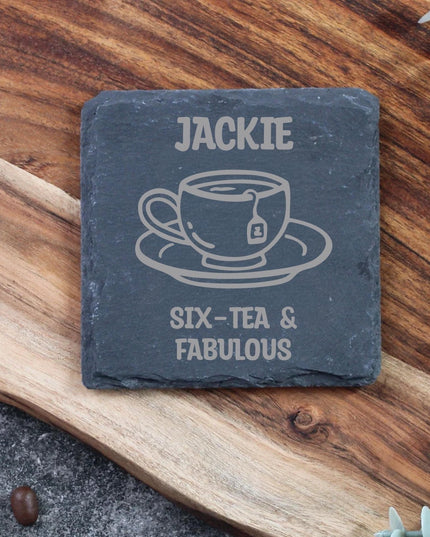 Personalised 60th Birthday Slate Coaster, Custom Engraved Six - Tea Gift, Milestone Birthday Coaster for Mum, Best Friend - Black Oak Farm