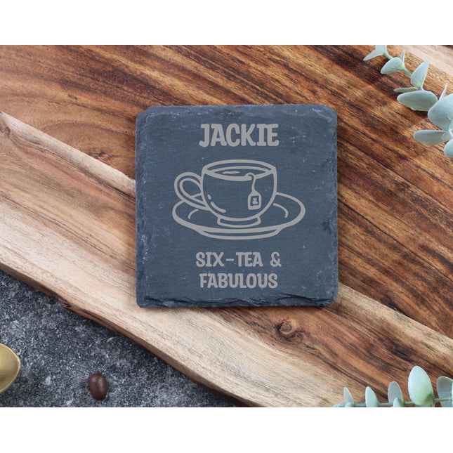 Personalised 60th Birthday Slate Coaster, Custom Engraved Six - Tea Gift, Milestone Birthday Coaster for Mum, Best Friend - Black Oak Farm