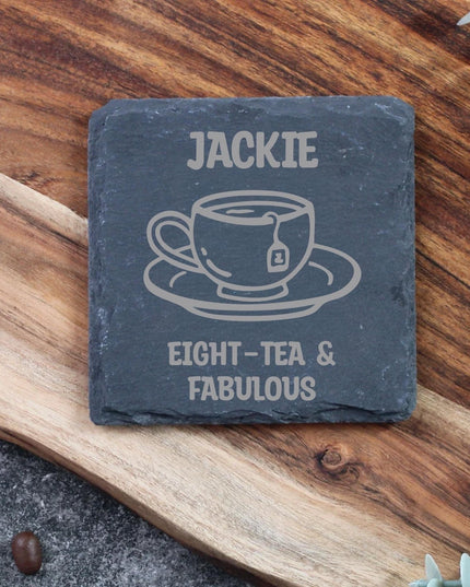 Personalised 80th Birthday Slate Coaster - ‘Eight - Tea & Fabulous’ Gift - Black Oak Farm