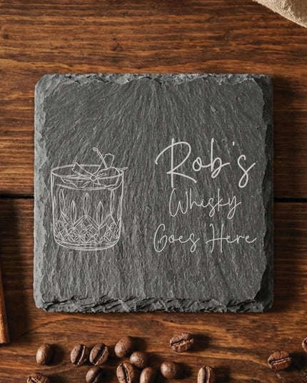 Personalised Drink Coaster, New Home Gifts for Host, Custom Gin Lover Present For Mum, Unique Whisky Gifts for Him, Laser Engraved Slate - Black Oak Farm