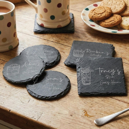 Personalised Drink Coaster, New Home Gifts for Host, Custom Gin Lover Present For Mum, Unique Whisky Gifts for Him, Laser Engraved Slate - Black Oak Farm