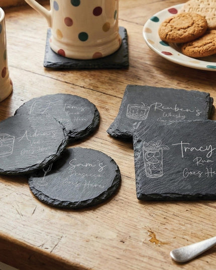 Personalised Drink Coaster, New Home Gifts for Host, Custom Gin Lover Present For Mum, Unique Whisky Gifts for Him, Laser Engraved Slate - Black Oak Farm