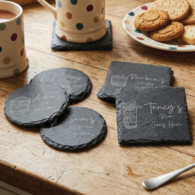 Personalised Drink Coaster, New Home Gifts for Host, Custom Gin Lover Present For Mum, Unique Whisky Gifts for Him, Laser Engraved Slate - Black Oak Farm