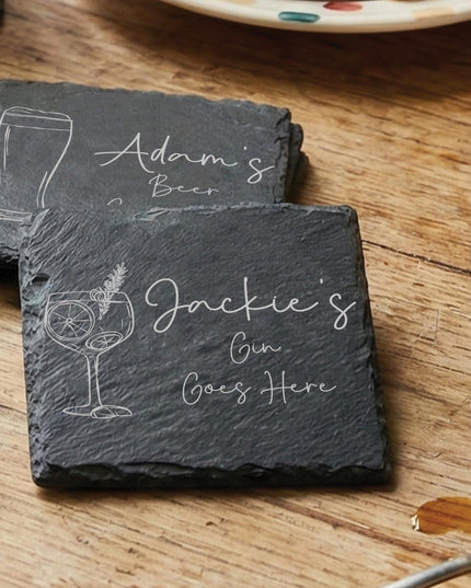 Personalised Drink Coaster, New Home Gifts for Host, Custom Gin Lover Present For Mum, Unique Whisky Gifts for Him, Laser Engraved Slate - Black Oak Farm