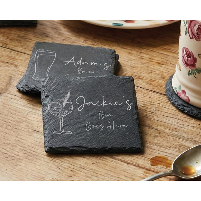 Personalised Drink Coaster, New Home Gifts for Host, Custom Gin Lover Present For Mum, Unique Whisky Gifts for Him, Laser Engraved Slate - Black Oak Farm