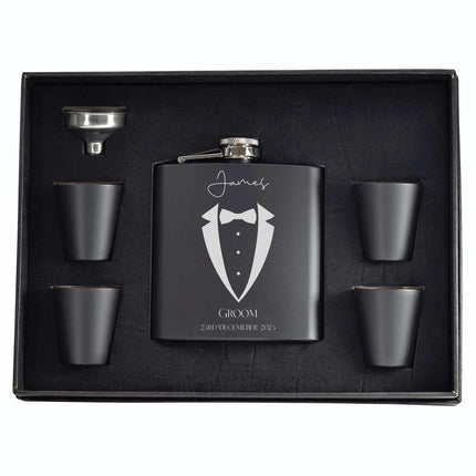 Personalised Hip Flask, Engraved Flask for Groomsmen, Best Man or Father of the Groom, Custom Wedding Gift Box & Premium Whisky Set - Black Oak Farm