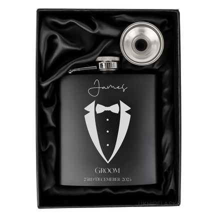 Personalised Hip Flask, Engraved Flask for Groomsmen, Best Man or Father of the Groom, Custom Wedding Gift Box & Premium Whisky Set - Black Oak Farm