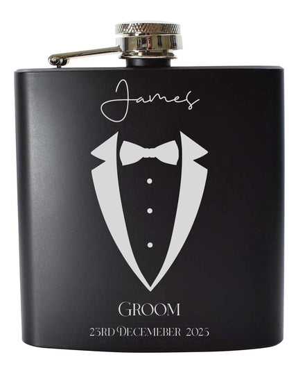 Personalised Hip Flask, Engraved Flask for Groomsmen, Best Man or Father of the Groom, Custom Wedding Gift Box & Premium Whisky Set - Black Oak Farm