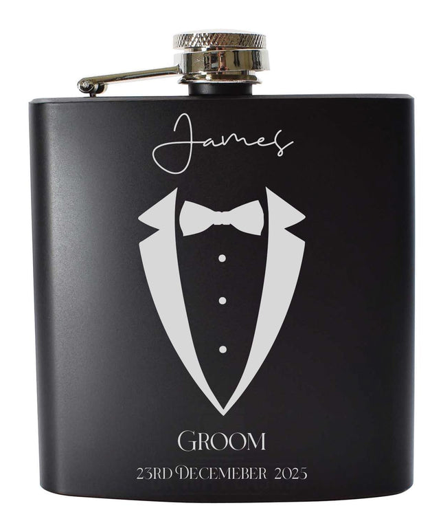 Personalised Hip Flask, Engraved Flask for Groomsmen, Best Man or Father of the Groom, Custom Wedding Gift Box & Premium Whisky Set - Black Oak Farm