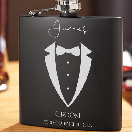 Personalised Hip Flask, Engraved Flask for Groomsmen, Best Man or Father of the Groom, Custom Wedding Gift Box & Premium Whisky Set - Black Oak Farm