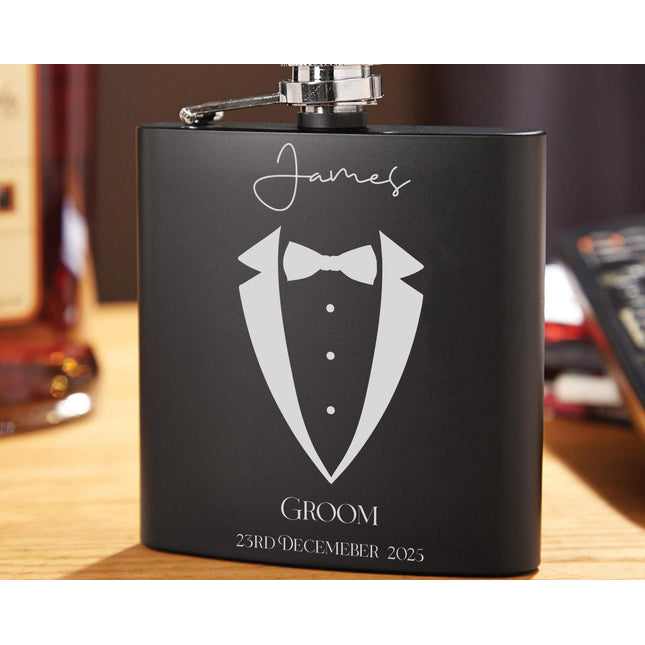 Personalised Hip Flask, Engraved Flask for Groomsmen, Best Man or Father of the Groom, Custom Wedding Gift Box & Premium Whisky Set - Black Oak Farm