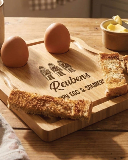 Personalised Kids Dippy Egg Board, Soldiers Breakfast Board for Children, Wooden Egg & Toast Holder, Cute Easter Gift, Egg Cup Plate - Black Oak Farm