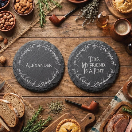 Personalised LoTR Slate Coaster - Fantasy Inspired Gift, Dwarf House Decor, Elvish Wedding Table Stone Drink Mat - Black Oak Farm