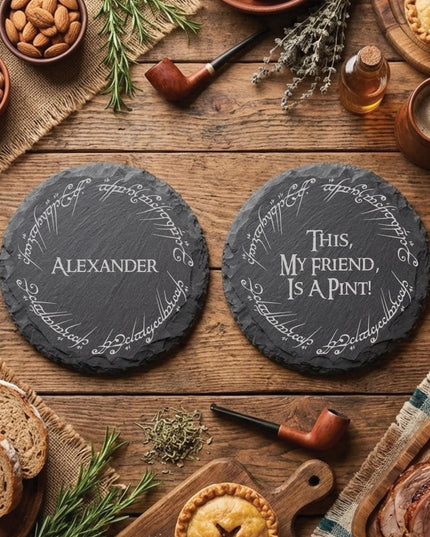 Personalised LoTR Slate Coaster - Fantasy Inspired Gift, Dwarf House Decor, Elvish Wedding Table Stone Drink Mat - Black Oak Farm