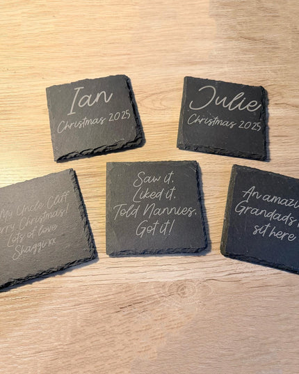 Personalised Slate Coaster, Custom Text Engraved Gift – Choose Any Wording & Font Rustic Natural Slate Drink Mat Wedding, Home, Anniversary - Black Oak Farm