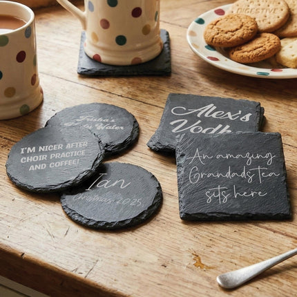 Personalised Slate Coaster, Custom Text Engraved Gift – Choose Any Wording & Font Rustic Natural Slate Drink Mat Wedding, Home, Anniversary - Black Oak Farm
