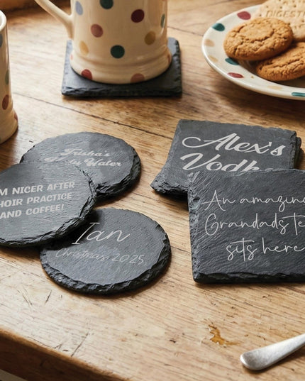 Personalised Slate Coaster, Custom Text Engraved Gift – Choose Any Wording & Font Rustic Natural Slate Drink Mat Wedding, Home, Anniversary - Black Oak Farm