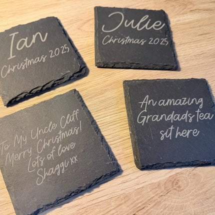 Personalised Slate Coaster, Custom Text Engraved Gift – Choose Any Wording & Font Rustic Natural Slate Drink Mat Wedding, Home, Anniversary - Black Oak Farm
