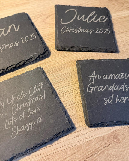 Personalised Slate Coaster, Custom Text Engraved Gift – Choose Any Wording & Font Rustic Natural Slate Drink Mat Wedding, Home, Anniversary - Black Oak Farm