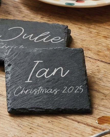 Personalised Slate Coaster, Custom Text Engraved Gift – Choose Any Wording & Font Rustic Natural Slate Drink Mat Wedding, Home, Anniversary - Black Oak Farm