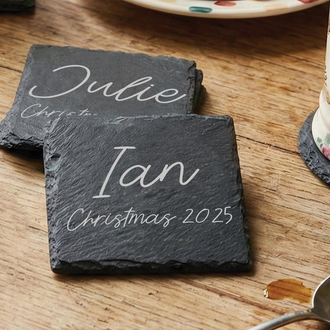 Personalised Slate Coaster, Custom Text Engraved Gift – Choose Any Wording & Font Rustic Natural Slate Drink Mat Wedding, Home, Anniversary - Black Oak Farm