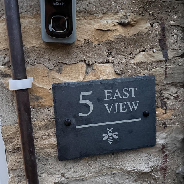 Personalised Slate House Sign, Engraved Rustic House Number Sign, New Home Gift, Cottage House Door Name Sign - Black Oak Farm