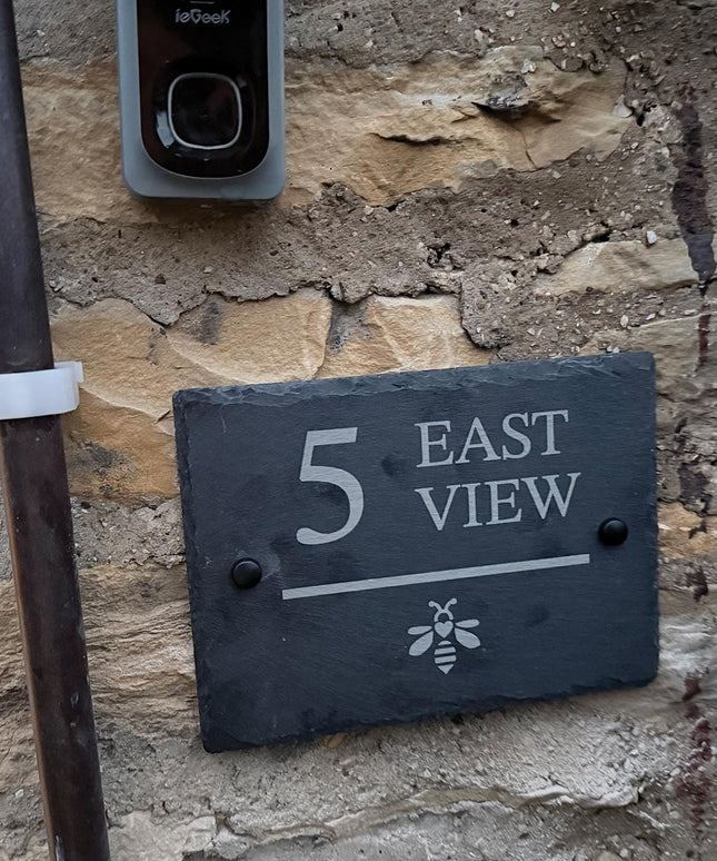 Personalised Slate House Sign, Engraved Rustic House Number Sign, New Home Gift, Cottage House Door Name Sign - Black Oak Farm