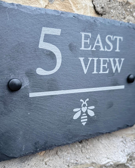 Personalised Slate House Sign, Engraved Rustic House Number Sign, New Home Gift, Cottage House Door Name Sign - Black Oak Farm