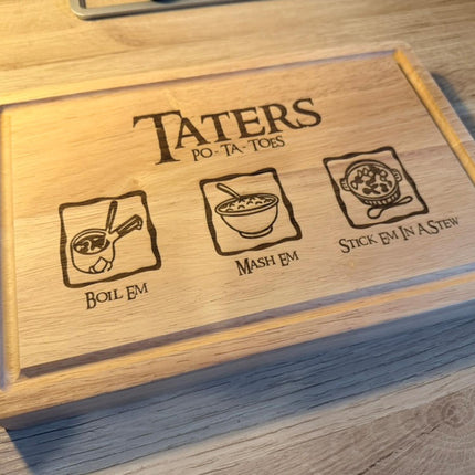 Personalised Taters Chopping Board, Fantasy Inspired Gift, Boil Em Mash Em Stew, Custom Wood Cutting Board, New Housewarming Gift for Foodie - Black Oak Farm