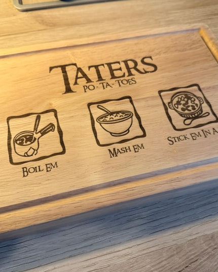 Personalised Taters Chopping Board, Fantasy Inspired Gift, Boil Em Mash Em Stew, Custom Wood Cutting Board, New Housewarming Gift for Foodie - Black Oak Farm
