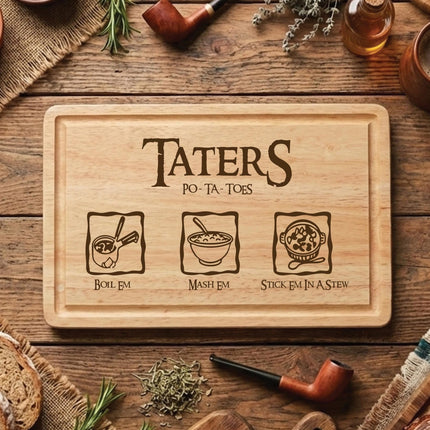 Personalised Taters Chopping Board, Fantasy Inspired Gift, Boil Em Mash Em Stew, Custom Wood Cutting Board, New Housewarming Gift for Foodie - Black Oak Farm