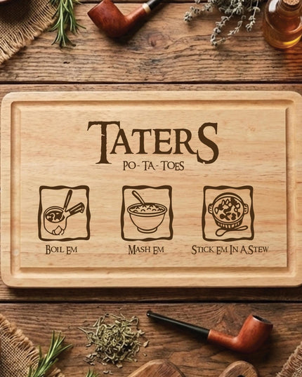 Personalised Taters Chopping Board, Fantasy Inspired Gift, Boil Em Mash Em Stew, Custom Wood Cutting Board, New Housewarming Gift for Foodie - Black Oak Farm