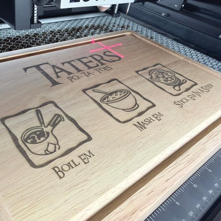 Personalised Taters Chopping Board, Fantasy Inspired Gift, Boil Em Mash Em Stew, Custom Wood Cutting Board, New Housewarming Gift for Foodie - Black Oak Farm