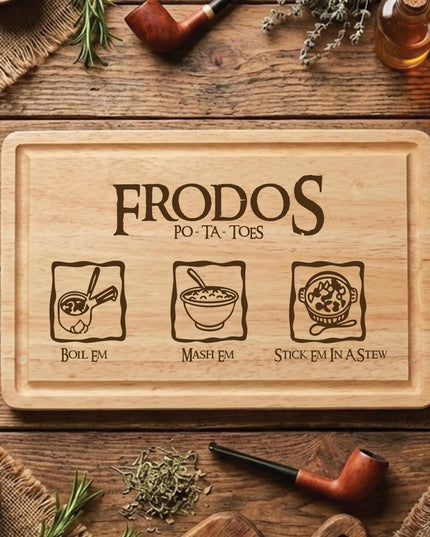 Personalised Taters Chopping Board, Fantasy Inspired Gift, Boil Em Mash Em Stew, Custom Wood Cutting Board, New Housewarming Gift for Foodie - Black Oak Farm